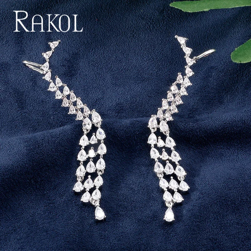Роскошные длинные висячие серьги RAKOL с кубическим цирконием для женщин, серьги-манжеты из белого золота с кристаллами, вечерние ювелирные изделия