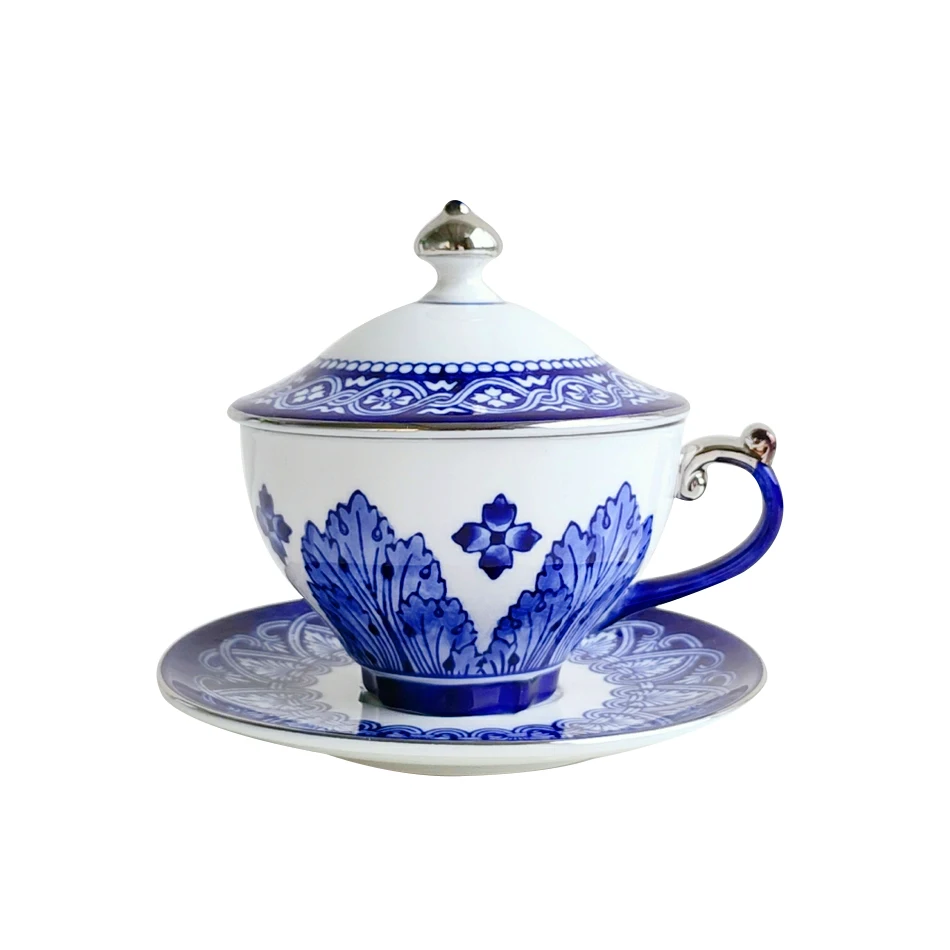 

Export single blue glaze cup and saucer set Russian silver-plated large cup with lid and saucer blue and white coffee cupLB71001