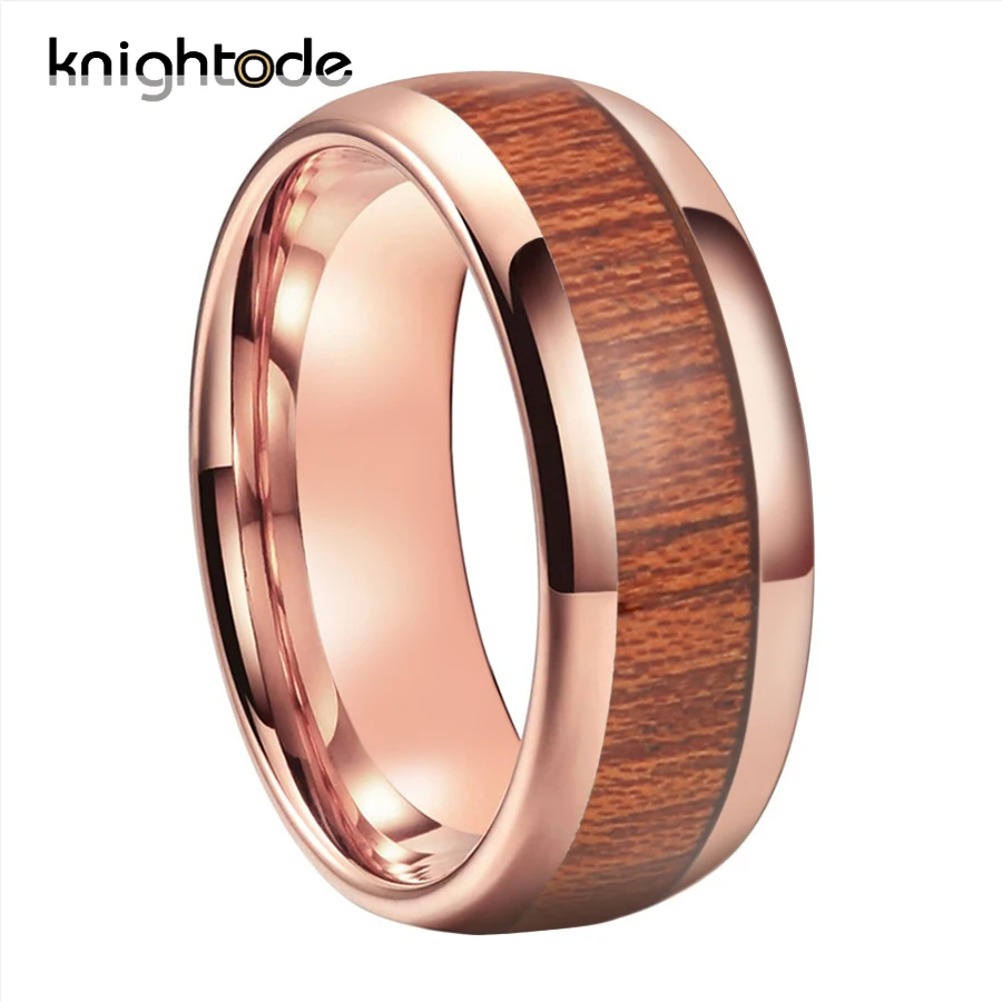 

8mm Mens Tungsten Carbide Engagement Rings With Koa Wood Inlay Lady Wedding Band Dome Polished Comfort Fit