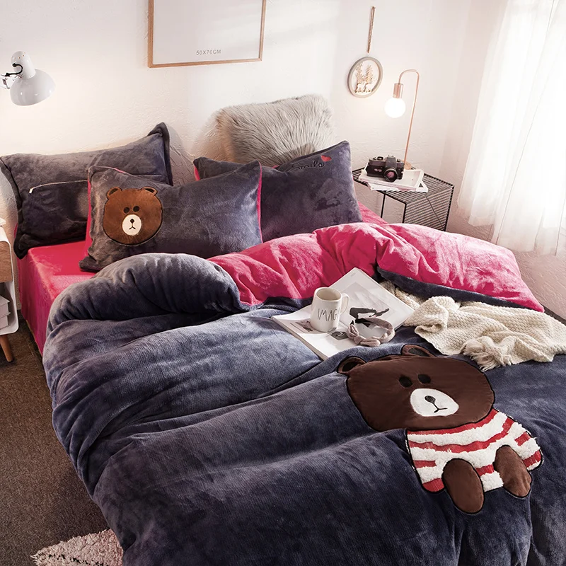 Теплый зимний фланелевый Комплект постельного белья с вышивкой мультяшного