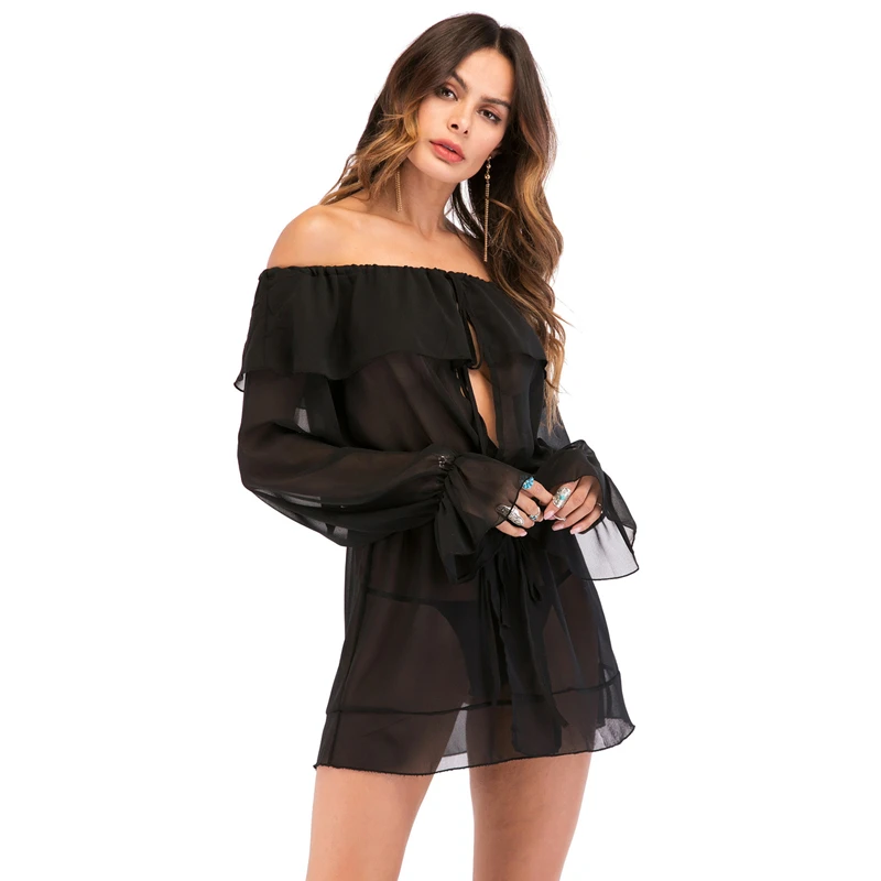 Женское Прозрачное платье BornToGirl сексуальное черное с длинным рукавом и вырезом