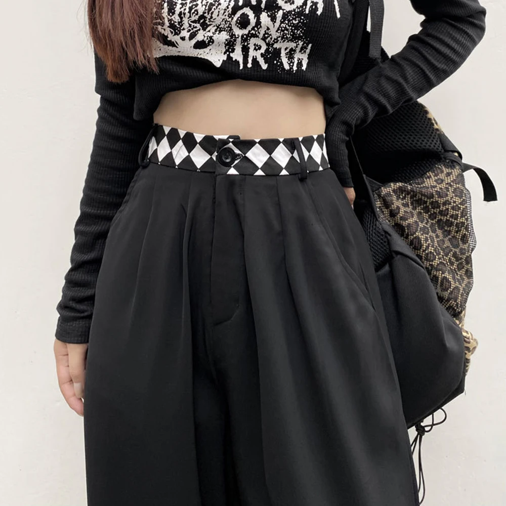 

Dark Icon Rhombus Waist Leg Opening Pants Women Loose Street Girl Students Trousers Black