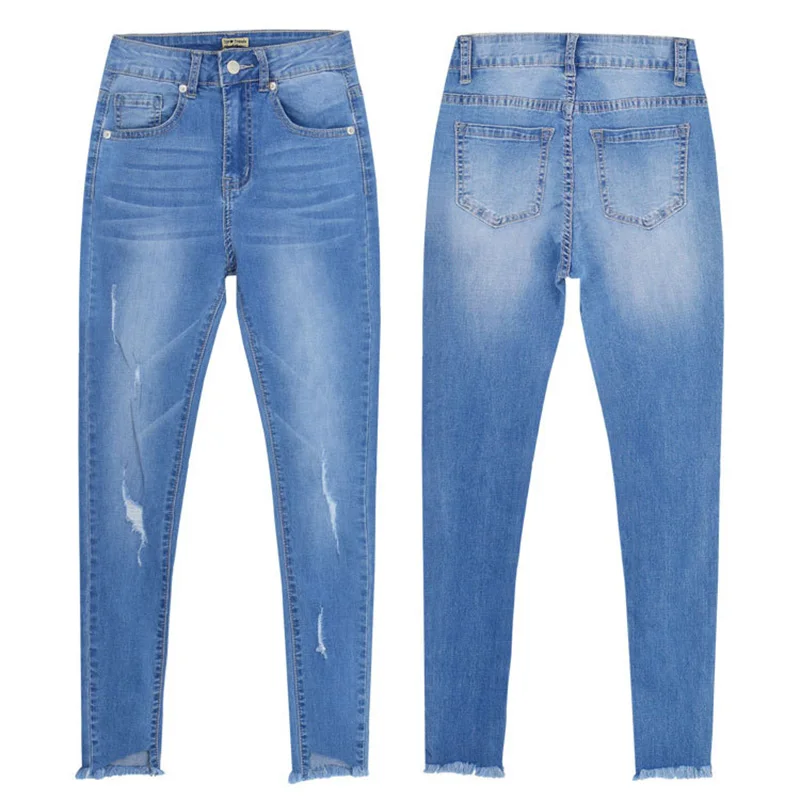 

Women's Slim Pencil Pants Light Blue High Waist Ripped Broke Hole Stretched Denim Jeans Female Small Leg Trousers TOP368