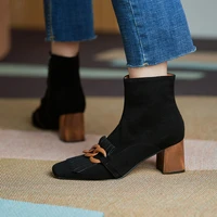 2021 spring autumn new women ankle boots kid suede shoes woman square toe chain side zipper new female office thick heels boots