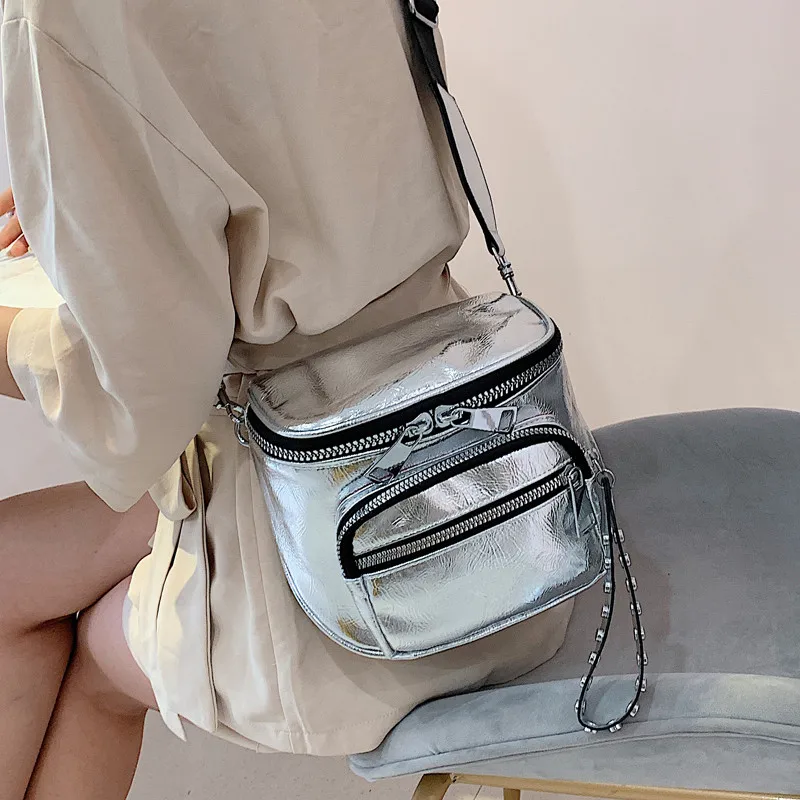 

Glossy Wide strap Women shoulder bag designer rivet crossbody bags for female Handbags silver bolsas feminina black