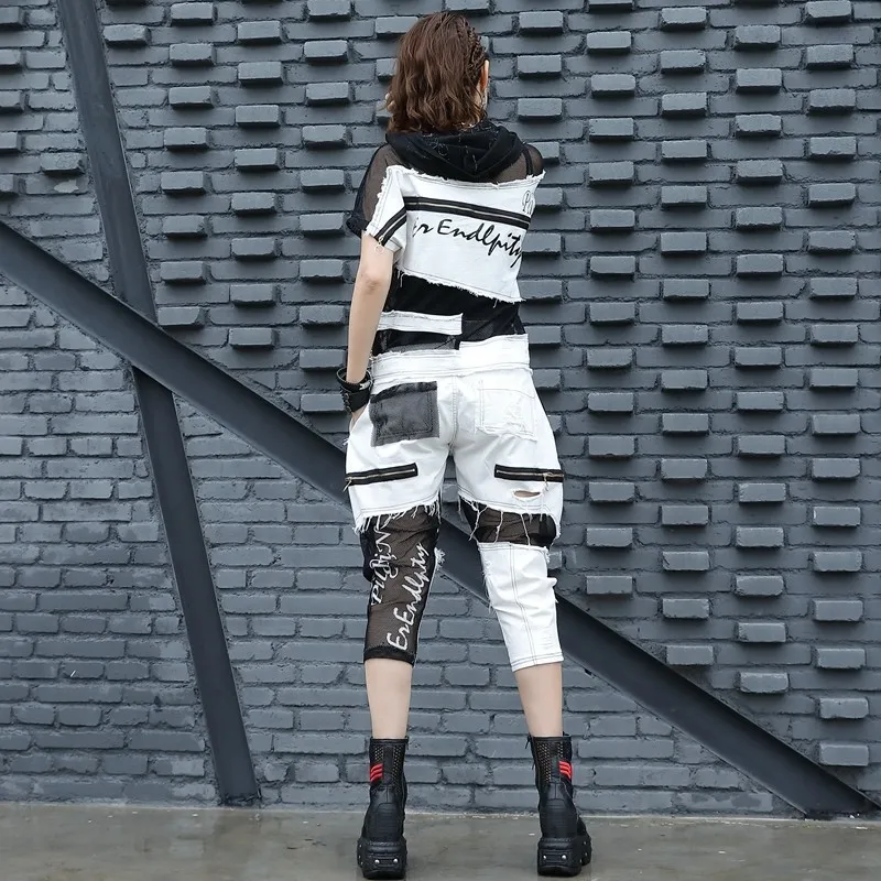 Street Women White Hooded Tops Harem Two Piece Summer Fashion Slim Mesh Patchwork Jacket Calf-Length Pants Set S M