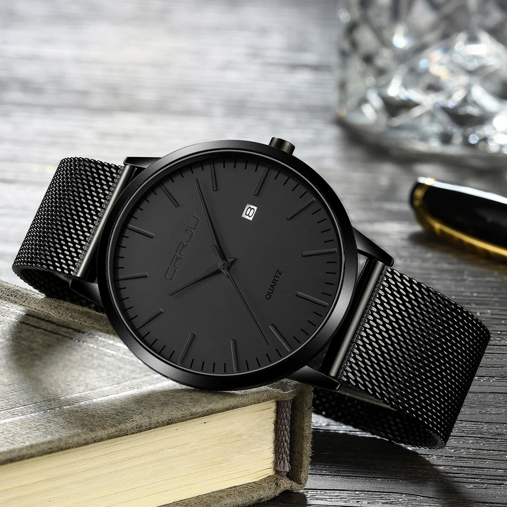 CRRJU модные мужские часы ультра тонкие кварцевые повседневные сетчатые стальные