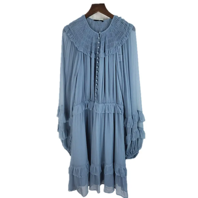 

French elegant chiffon dress 2021 new waist fairy single-breasted long-sleeved dress two color