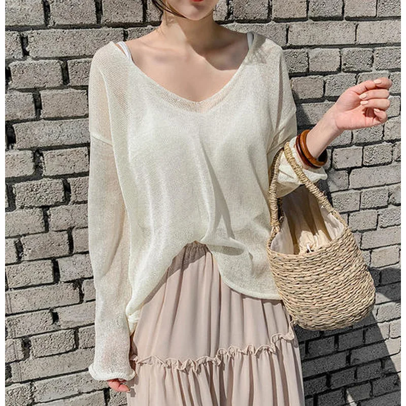 

Women Casual V Neck Knitted Blouse Solid Loose Ladies Tops Batwing Sleeve See Through Sexy Shirt Female Roupas Feminina