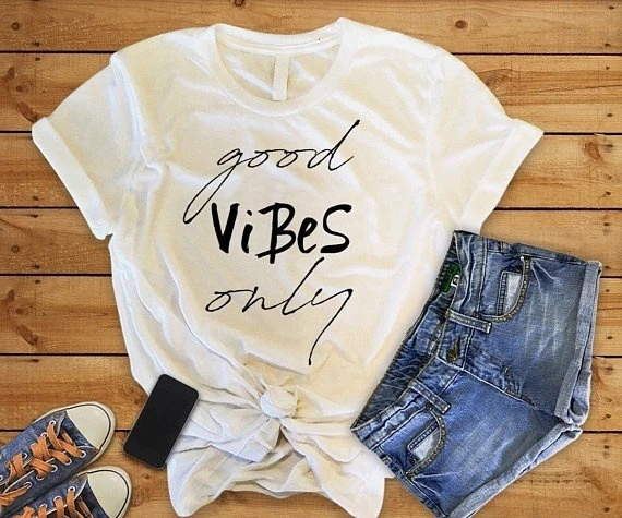 

Women Girls grunge aesthetic Cotton T-shirt Feamle Casual Letter Print Good Vibes Only Tee street style quote vintage Top-K980