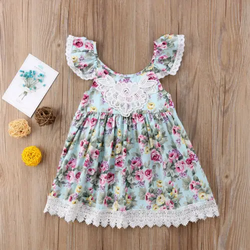 Summer Hot Sell Cute Kids Baby Flower Girls Flying Sleeve Backless Dress Lace Patchwork Floral Party Pageant Princess Dresses | Детская