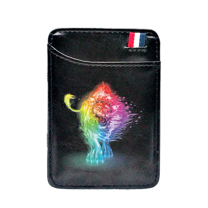 

Черный красочный кожаный волшебный кошелек с цифровой печатью льва для мужчин и женщин, крутой кошелек, короткий мини-кошелек с зажимом для ...