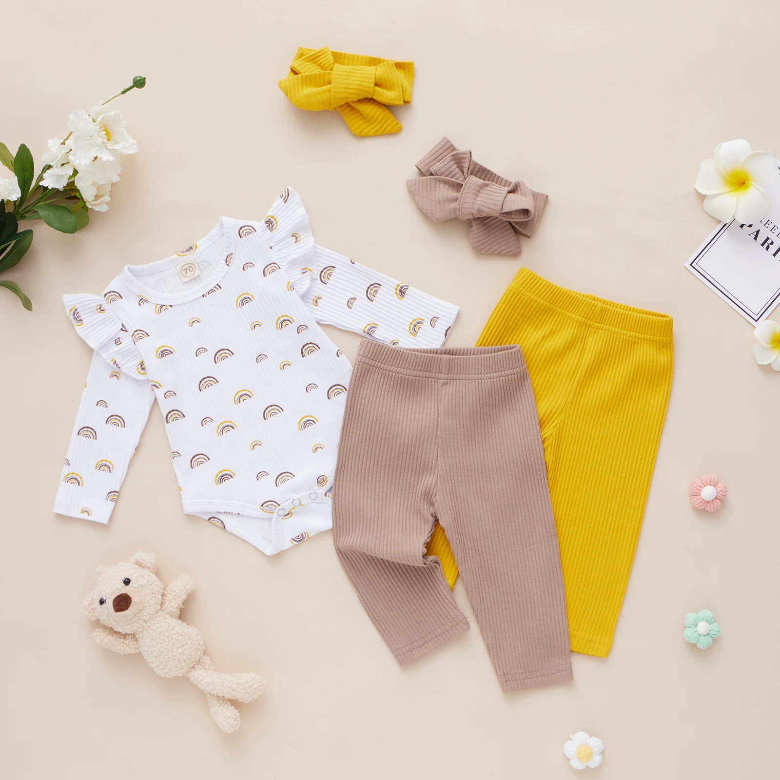 

3Pcs Baby Girls Outfits Clothing Casual Rainbow Print Long Sleeve Romper Pants Headband for Toddler Girl Clothes 0-12 Months