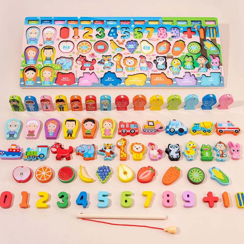 

Kids Wooden Toys Matching Board Math Fishing Count Numbers Traffic Fruit Animals Early Educational Toys