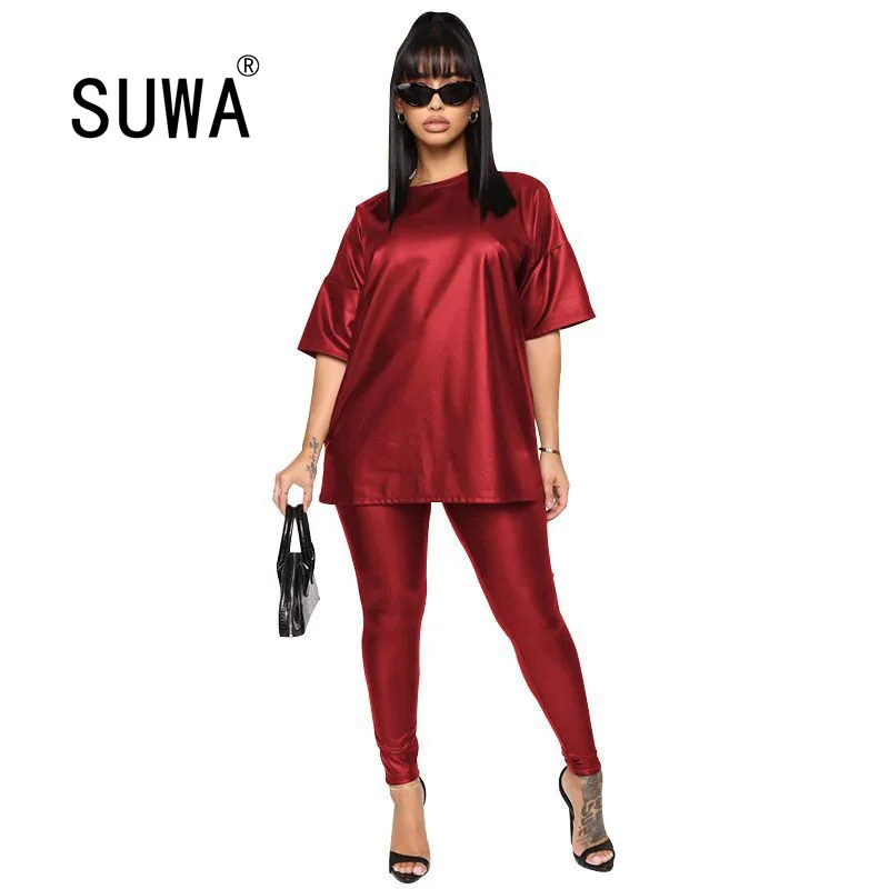 

Женский модный простой однотонный топ с круглым вырезом и короткими рукавами и облегающие леггинсы, комплект из 2 предметов, женский модный ...