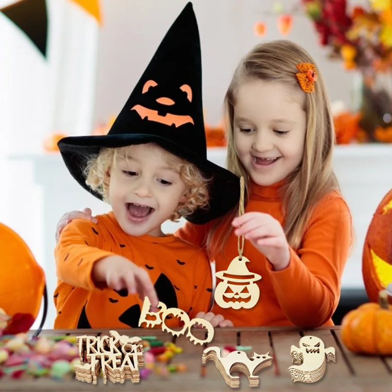 

10Pcs Wooden Halloween Pumpkin Ghost Ornament Door Trick Or Treat Hanging DIY Craft Happy Halloween Party Decoration Props Toys