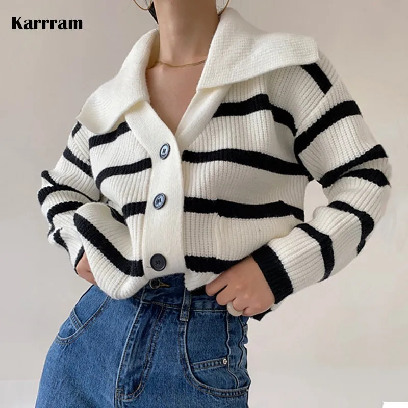 

Karrram Vintage Korean Striped Cardigans Women V-neck Single Breasted Knit Sweater Female Clothing Autumn Loose Cardigan Coat