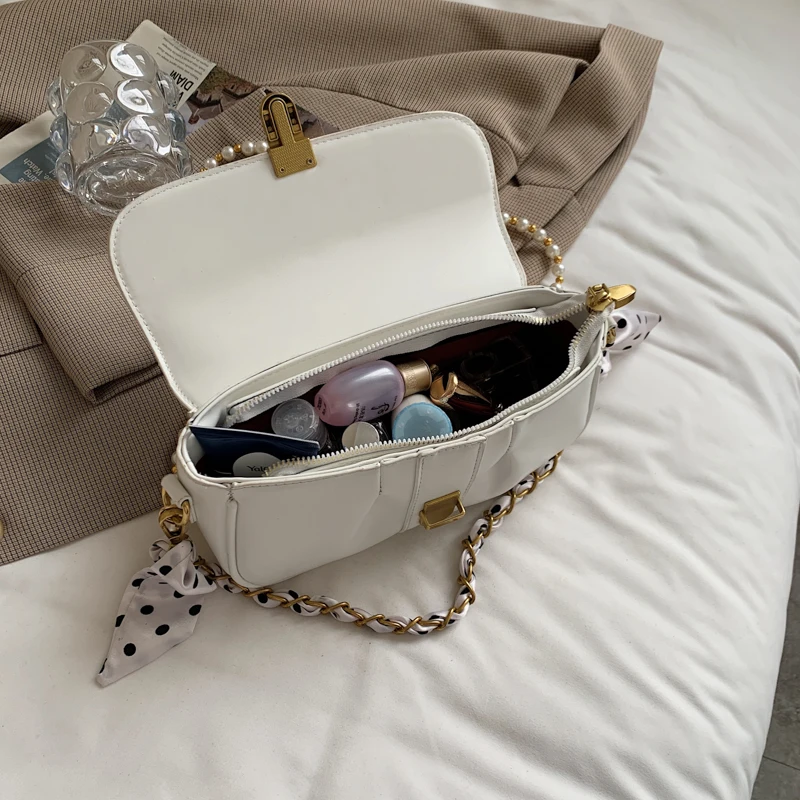 

Pearl Shoulder Bags for Women 2021 New Pu Leather Chain Crossbody Vintage Handbags Ladies Scarves Pure Color Messenger Bag Sac