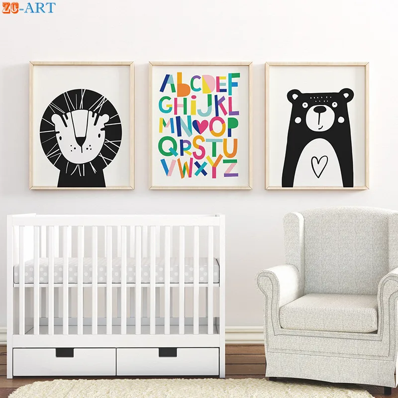 Букв алфавита и медведя Лев животных Печать мультфильм плакат холст картины