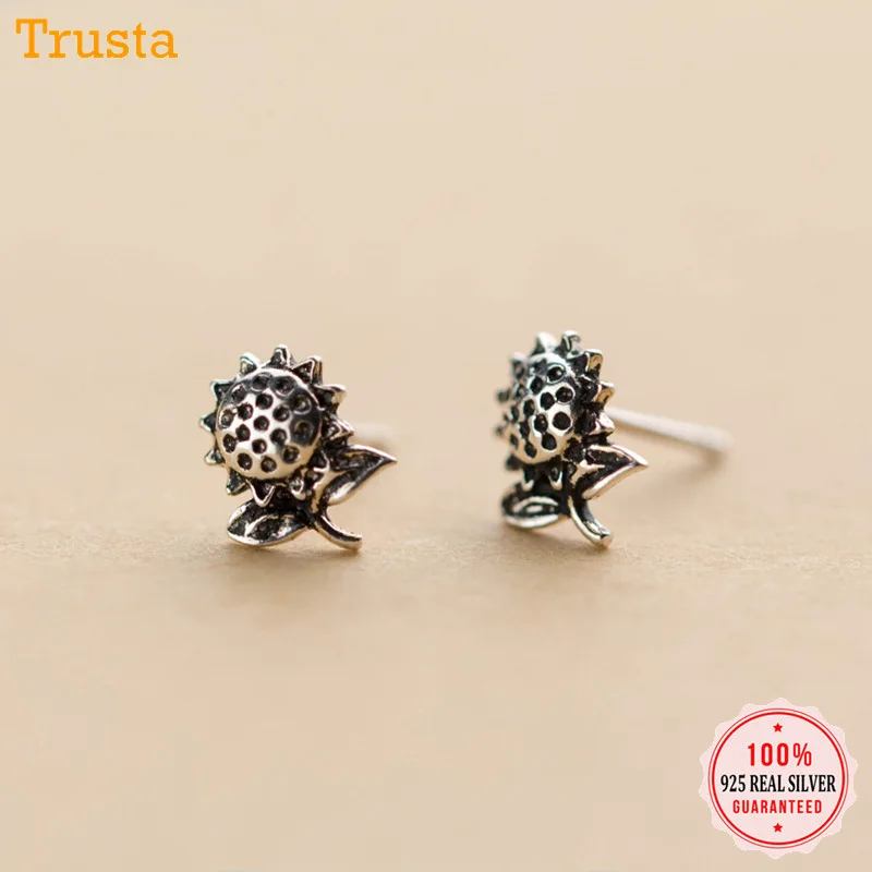 Trustdavis 100% 925 цельное Настоящее серебро Винтажные серьги гвоздики Подсолнух в