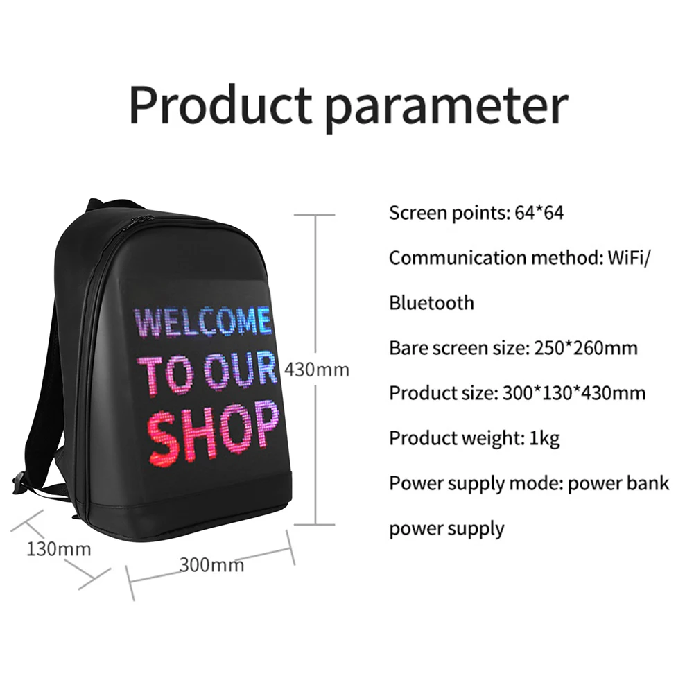 

Waterproof Single Shoulder Laptop Backpack LED Display Screen Advertising Light App Control Smart Wireless Wifi School Bag