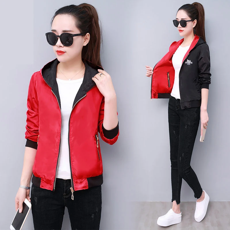 

Plus Size Short Jacket Women Slim Hooded Long Sleeved Zipper Green Coats New Female Fashion Two-sided Spring Autumn Outerwear