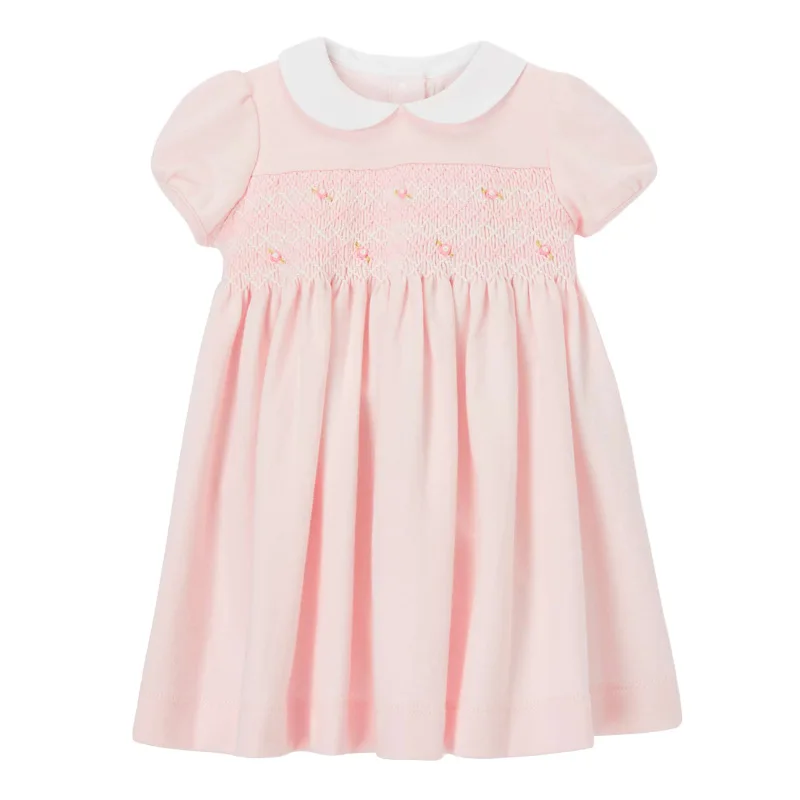 

Frocks for Baby Girls Brand Summer Clothes Cotton Flower Applique Toddler Peter Fan Collar Casual Pink Dress for Kids 2-7 Years