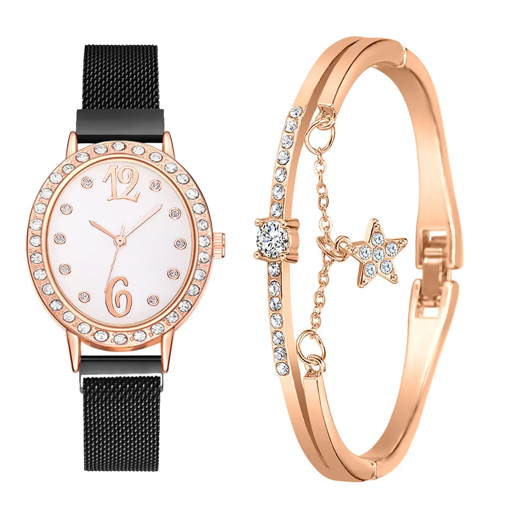 

2pcs Set Rhonestone Simple Stainless Steel Quartz Watch Casual Watches For Women Luxury Fashion Watches Relogio Feminino