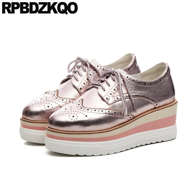 Туфли лодочки женские на платформе 3 дюйма натуральная кожа броги шнуровке