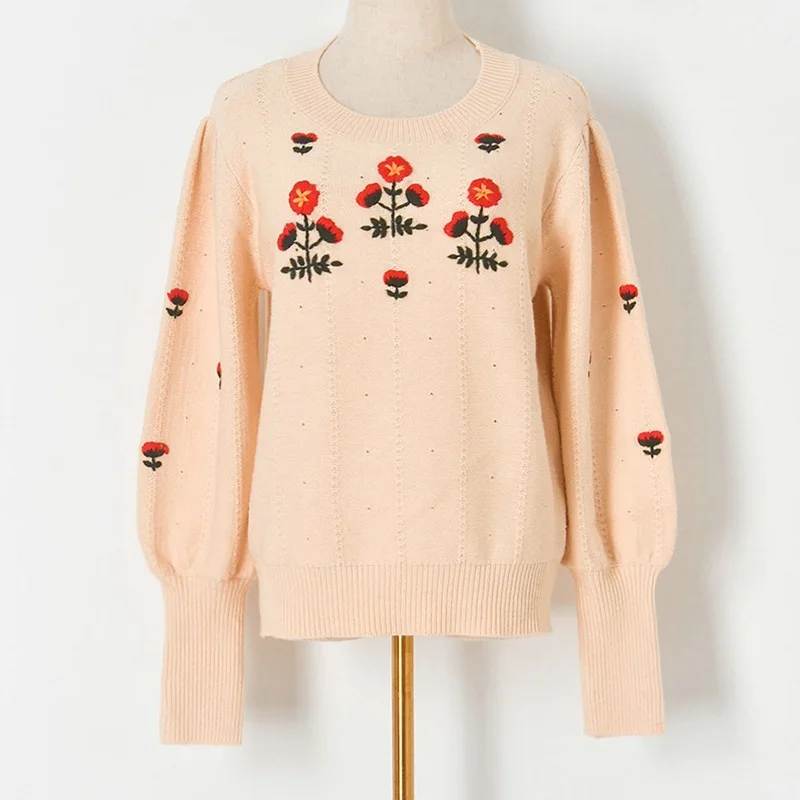 Женский трикотажный пуловер с рукавами-фонариками Свободный Повседневный