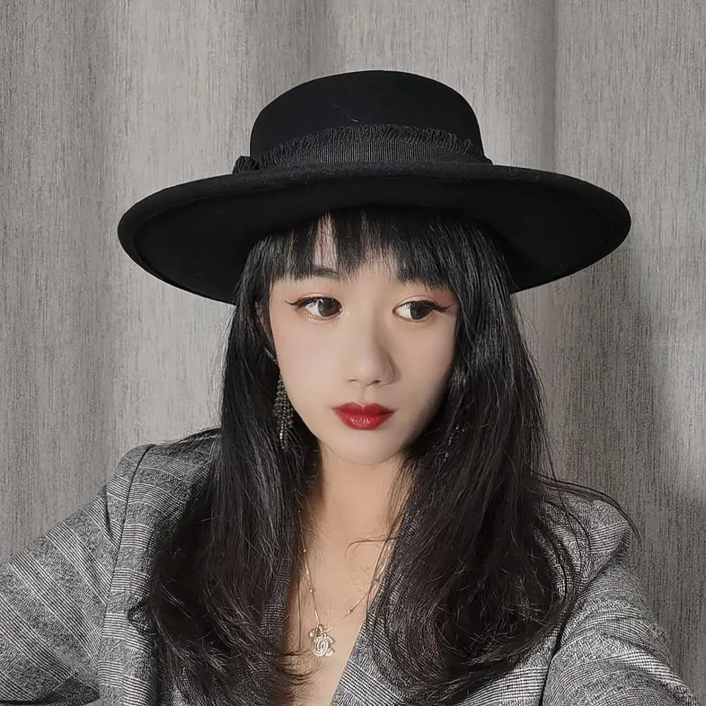 In Europe and the British classic black hat for women wool fashion female party stage tide flat hat Fedora