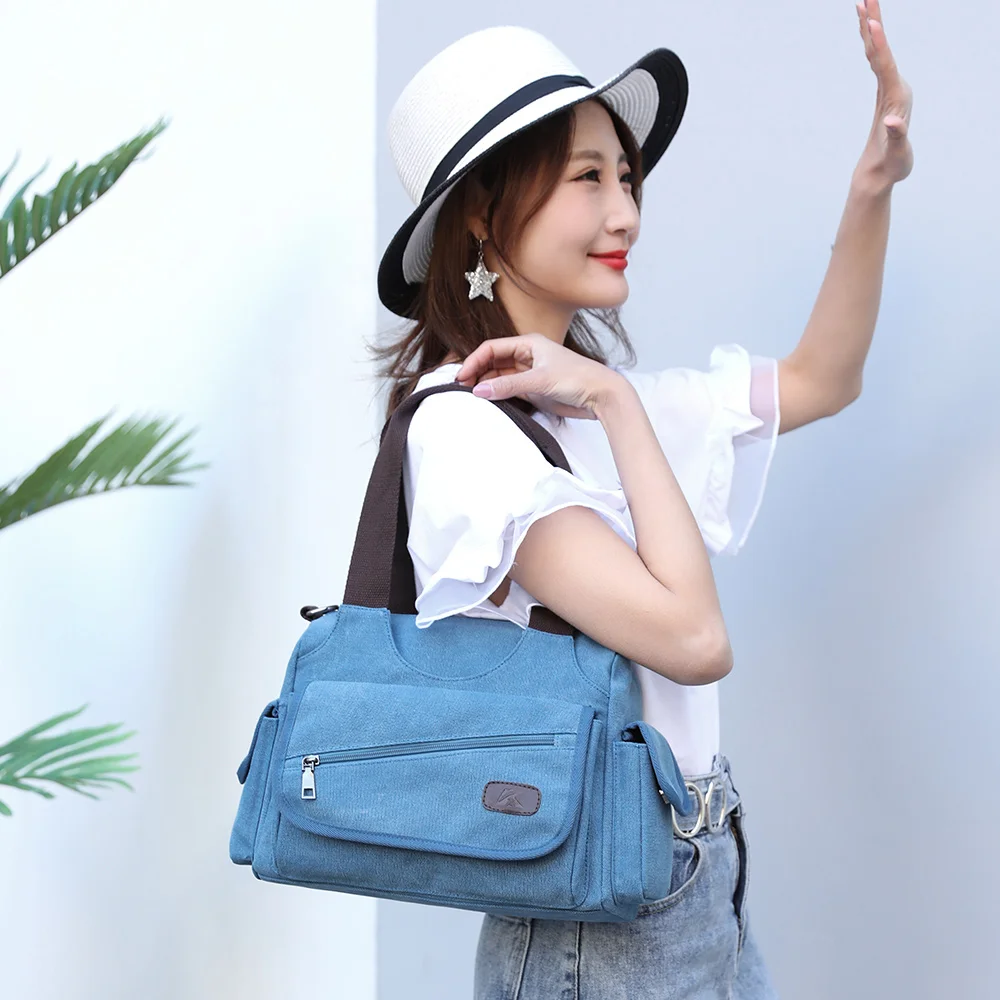 

Woman Canvas Handbags Casual Lady Hobos Single Shoulder Bags Girls Crossbody Pack Vintage Solid Multi-pocket Ladies Totes Bolsas