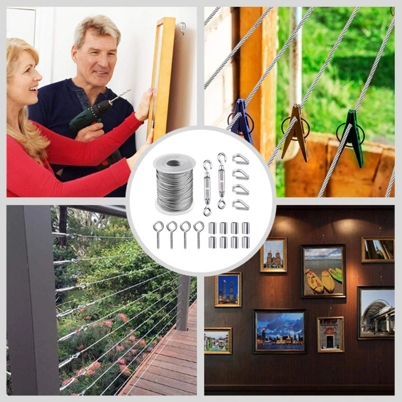 

19 Pcs 50 FT Garden Wire/Picture Wire/Wire trellis Kit PVC Coated Heavy Duty Stainless Steel Cable Rope Lag Screw Eye