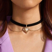 vintage velvet black choker love heart pendant imitation pearls short chain necklace for women girls nightclub party gift