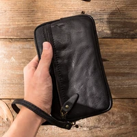 casual simple genuine leather mens black clutch bag designer luxury handmade natural soft cowhide phone coin wallet