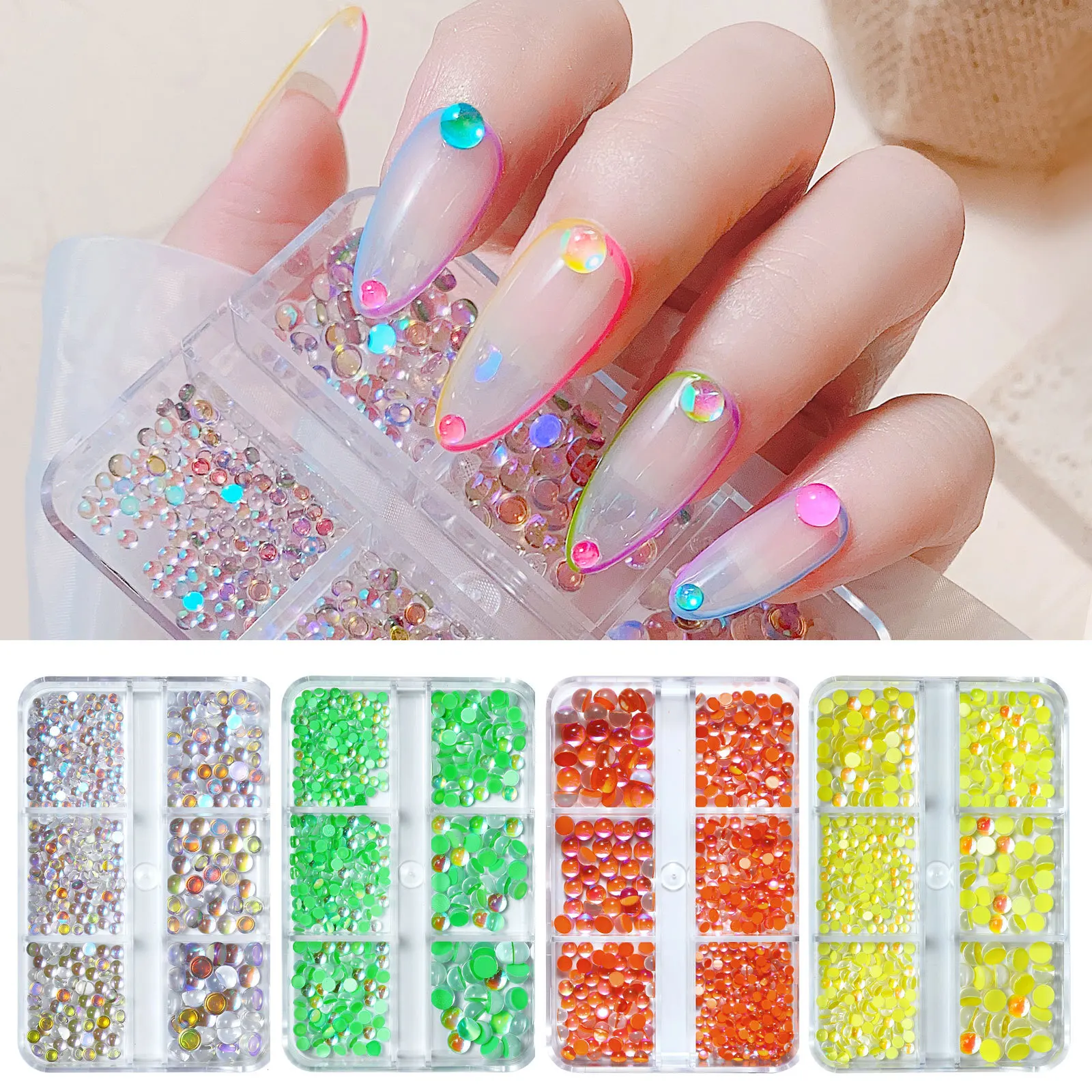

6grid/set 3D Nail Art Decorations Candy Color Mixed Size Mermaid Round Crystal Beads AB Rhinestones DIY Flatback Acrylic Stones