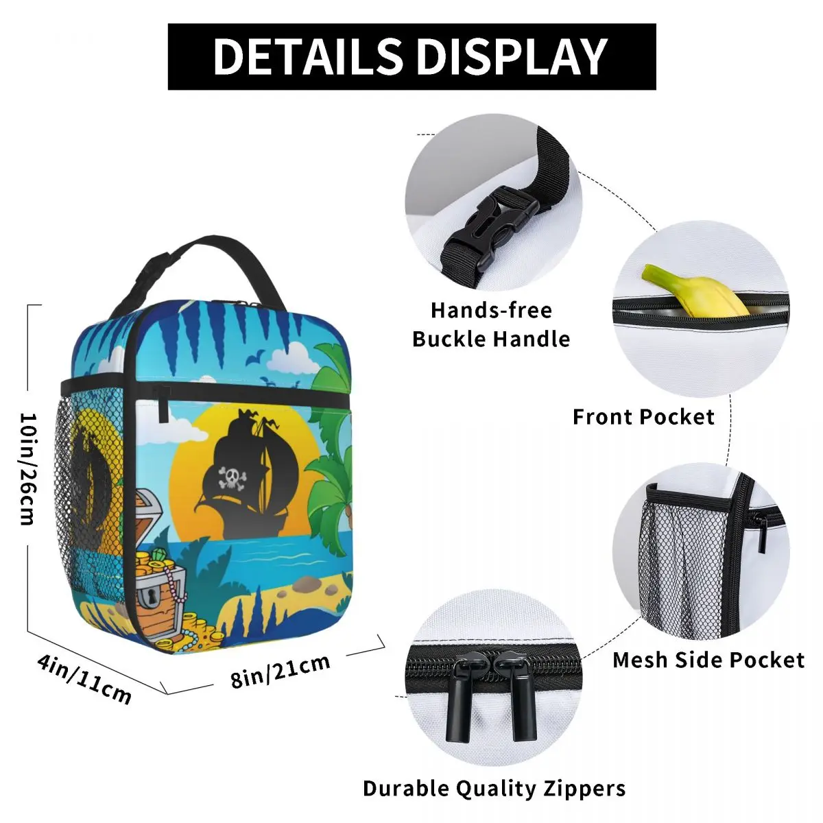 

Pirate Ship Lunch Bag for Women Men Large Insulated Lunch Box with Water Bottle Holder and Pockets