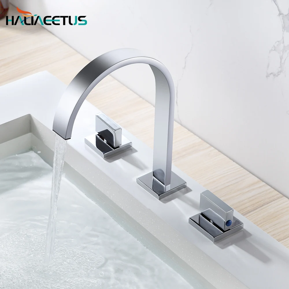 Haliaeetus Chrome Basin Sink Faucet Modern Bathroom Tap Dual Holder Three-hole Cold & Hot Mixer Brass Faucet Crane Deck Mounted