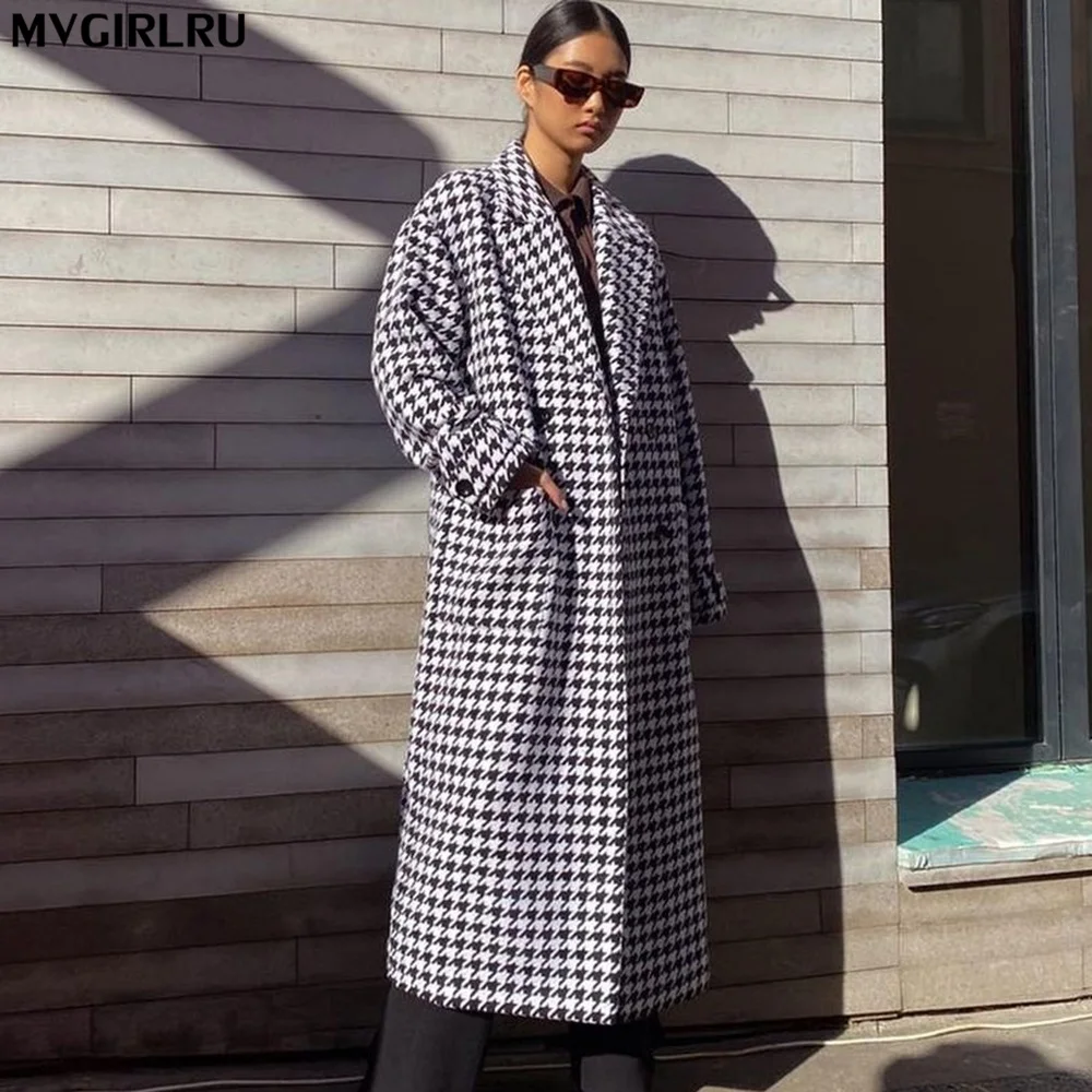 

MVGIRLRU 10% Wool Blend Coat Female Long Houndstooth Ladies Cloak Parka Thicken Loose Lapel High Quality Women's Jacket