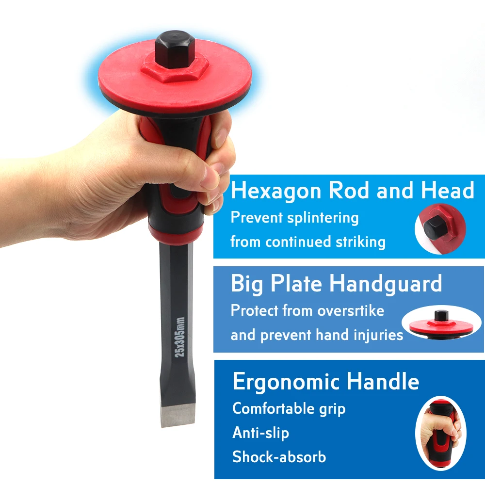 

BRAKEMAN 12Inch Heavy Duty Flat Chisel with Hand Protection Flat Head Demolishing Masonry Carving Concrete Breaker Chisels