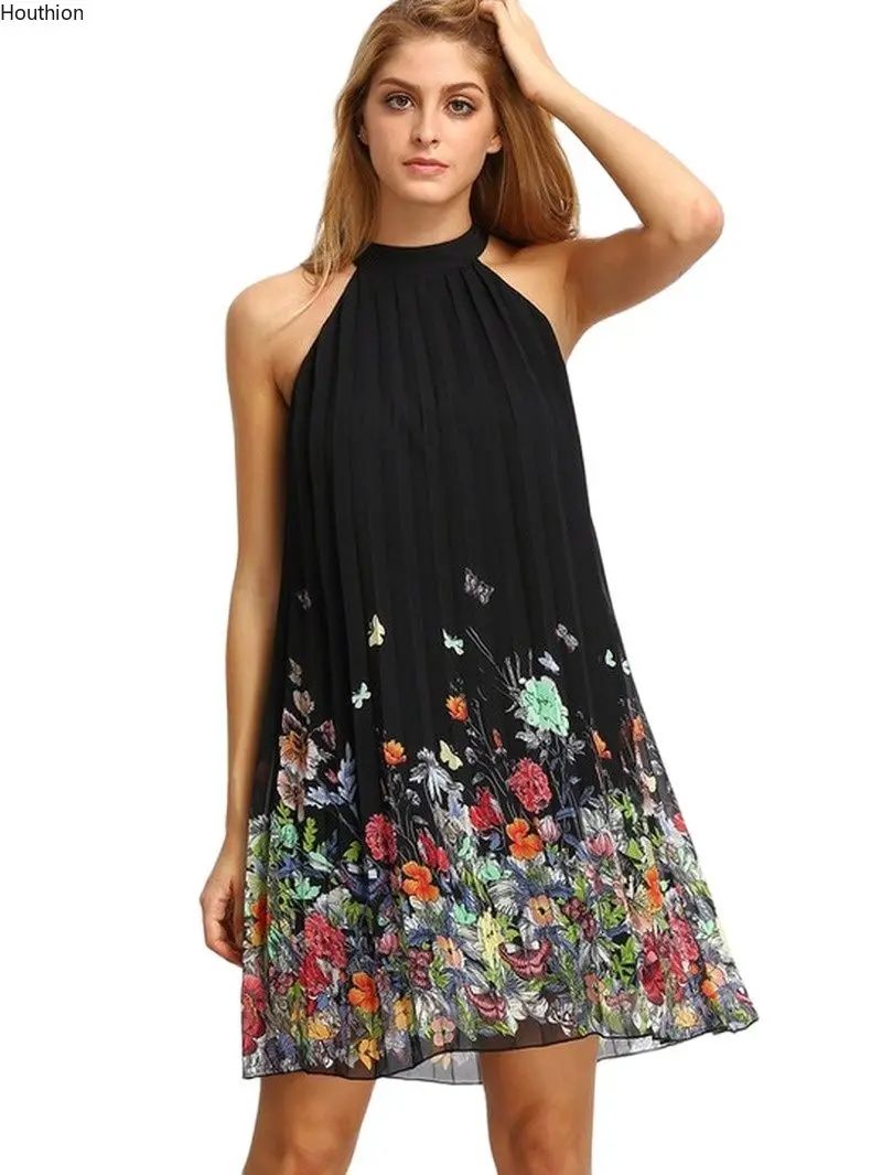 

Houthion New Sleeveless Women Dresses Casual Fashion Top Summer Halter Positioning Printing Comfortable Mini Dress Knee-Length