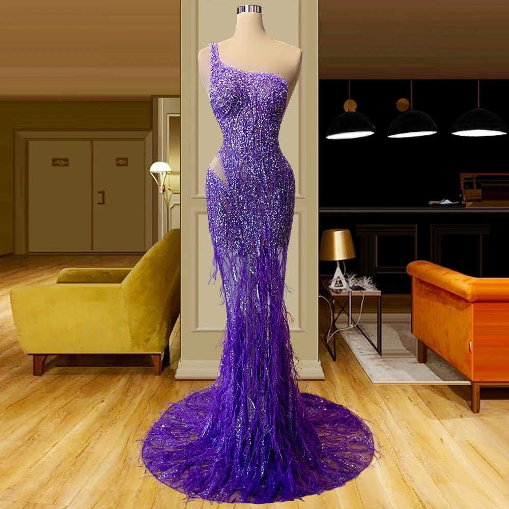 

Purple Mermaid Evening Dress One Shoulder Sleeveless Beaded Formal Party Gown vestidos de fiesta Red Carpet Runway Gowns Robe