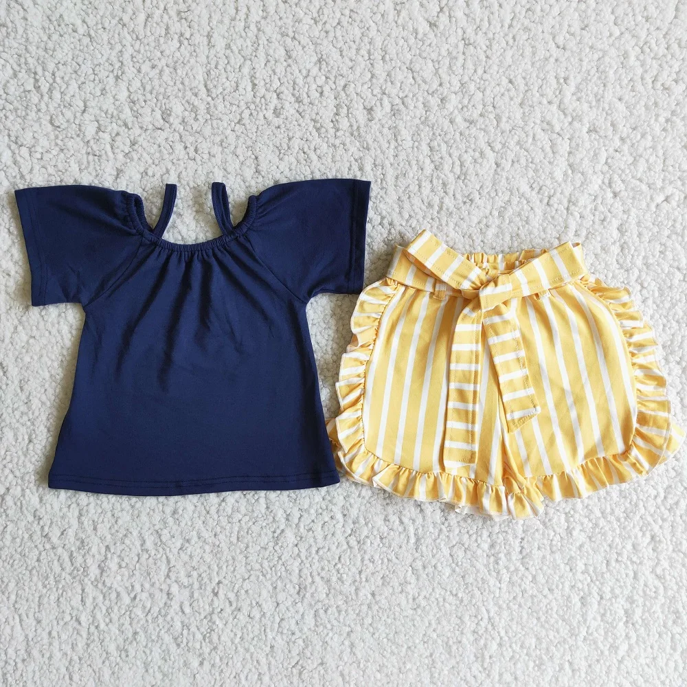 

New Style Toddler Short Sleeve Shirt Girls Sling Cotton Summer Outfit Stripe Belt Shorts Clothes Sets Baby Boutique