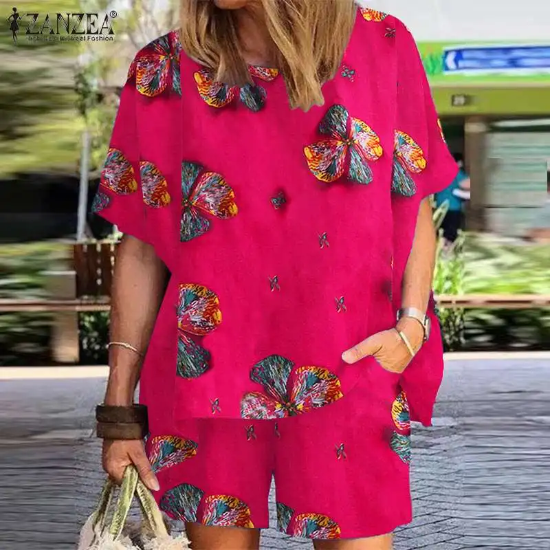 

ZANZEA 2PCS Summer Women's Sets Vintage Floral Printed Loose Short Sets Casual Matching Sets Beach Short Sleeve Blouse Suits