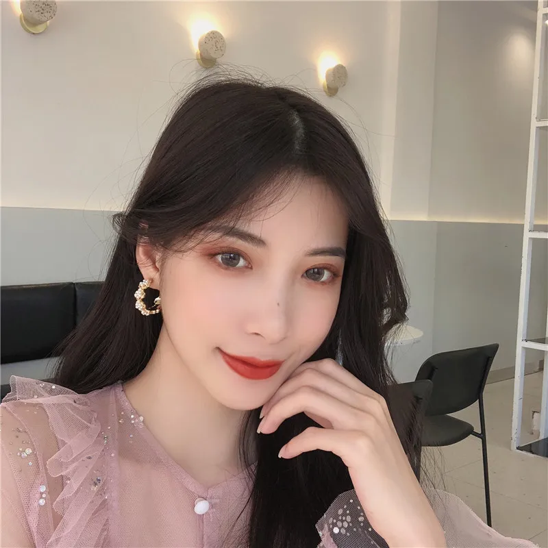 

C Shape Simulated-pearls Flowers Earrings Hoops Simple Round Earrings