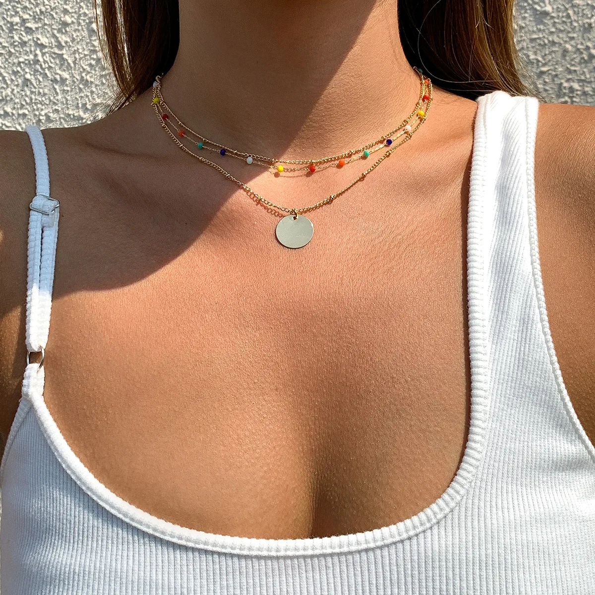 

Retro Simple Round Sequin Pendant Necklace Women's Boho Gold Color Fashion Colorful Beads Clavicle Necklaces Girls Lover Jewelry