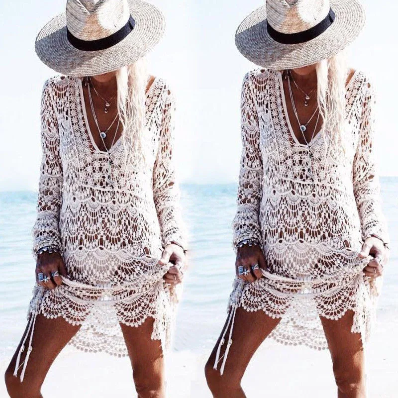 

Women Sexy V Neck Summer Fashion Knitted Crochet Cover Up Swimwear Bathing Suit Beach Long Ladies Hollow Out Solid Color Dress