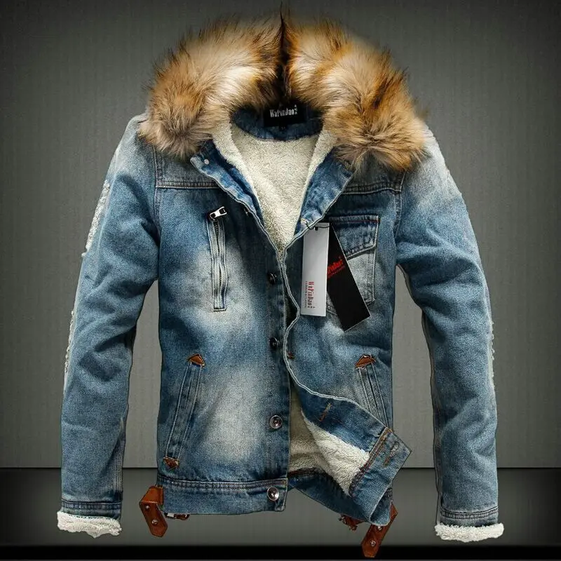 New Winter Warm Fleece Hooded Denim Jackets Coat  Men Fashion Washed Faux Fur Jeans Jacket Men Fur Collar Parkas Streetwear