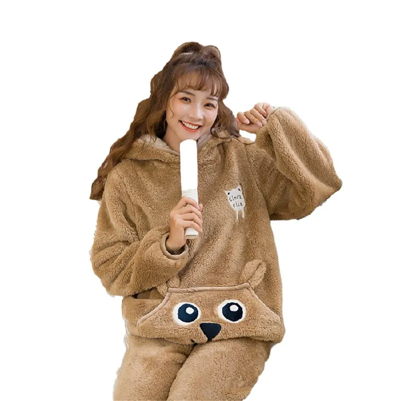 Женская Фланелевая пижама с капюшоном и медведем теплая Домашняя одежда из