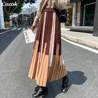 midi long pleated skirts women 2021 fashion autumn korean style contrast striped a line high waist pleated long skirt female